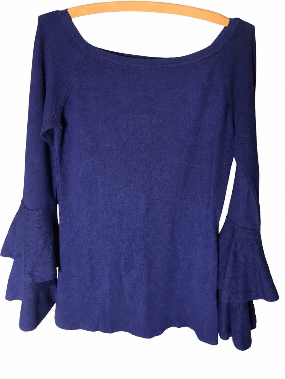 Apricot Navy Boat Neck Bell Sleeve Knit Sweater Top Ruffle Cuffs Size M